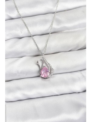 Birsence 316L Çelik Zincir Gümüş Renk Pembe Kuğu Model Zirkon Taşlı Kadın Kolye