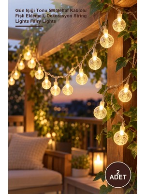 Yenilig 2 Adet Kristal Top LED Aydınlatma – Gün Işığı Tonu 5m Şeffaf Kablolu Fişli Eklemeli, Dekorasyon String Lights Fairy Lights