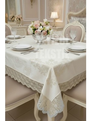 Birsence Kadife Tek Masa Örtüsü 160X220CM - Dantelli Yemek Masası Örtüsü 160X220CM Tek Masa