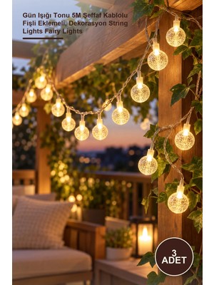Yenilig 3 Adet Kristal Top LED Aydınlatma – Gün Işığı Tonu 5m Şeffaf Kablolu Fişli Eklemeli, Dekorasyon String Lights Fairy Lights