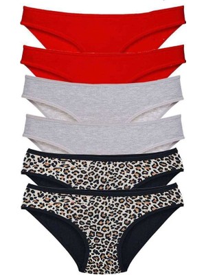 Birsence 6 Adet Likralı Kadın Slip Külot Leopar Kırmızı Gri — Beden: M
