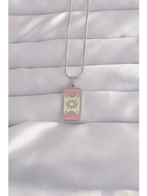 Birsence 316L Çelik Gümüş Renk Pembe Mineli Ay Figür Tarot Kolye