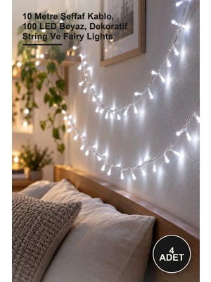 Yenilig 4 Adet Damla Uçlu LED Işık – 10 Metre Şeffaf Kablo, 100 LED Beyaz, Dekoratif String ve Fairy Lights