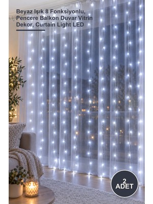Yenilig 2 Adet 2x2 Perde 192 LED – Beyaz Işık 8 Fonksiyonlu, Pencere Balkon Duvar Vitrin Dekor, Curtain Light LED