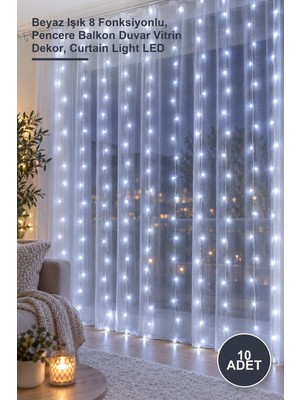Yenilig 10 Adet 2x2 Perde 192 LED – Beyaz Işık 8 Fonksiyonlu, Pencere Balkon Duvar Vitrin Dekor, Curtain Light LED