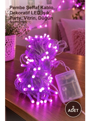 Yenilig 2 Adet 10 Metre 100 LED Damla Uçlu Işık Şerit – Pembe Şeffaf Kablo, Dekoratif LED Işık, Party, Vitrin, Düğün
