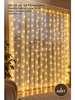 Yenilig 1 Adet Perde LED Işığı 3x3 Metre – 240 LED Sarı Işık 8 Fonksiyonlu, Pencere Balkon Duvar Vitrin Dekor, Curtain Light