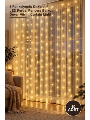 Yenilig 10 Adet 2x2 Perde 192 LED Sarı Işık – 8 Fonksiyonlu Dekoratif LED Perde, Pencere Balkon Duvar Vitrin, Curtain Light