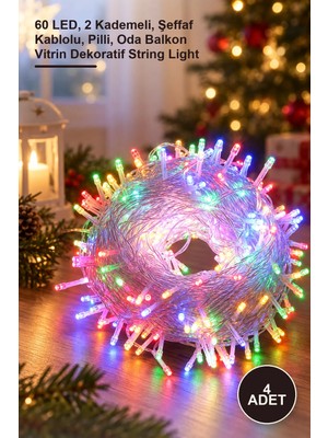 Yenilig 4 Adet 10 Metre Rgb LED Işık – 60 Led, 2 Kademeli, Şeffaf Kablolu, Pilli, Oda Balkon Vitrin Dekoratif String Light
