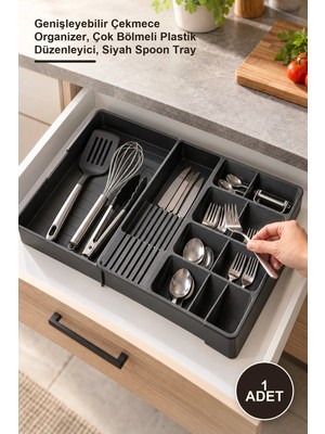Yenilig 1 Adet Ayarlanabilir Kaşıklık – Genişleyebilir Çekmece Organizer, Çok Bölmeli Plastik Düzenleyici, Siyah Spoon Tray