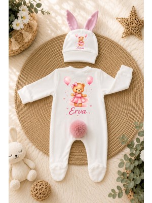Perfect Mega Store Kişiye Özel Kız Bebek Tulum ve Bere – Pembe Elbiseli Ayıcık ve Balon Temalı Isimli Bebek Tasarımı