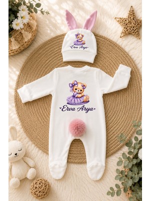 Perfect Mega Store Kişiye Özel Kız Bebek Tulum ve Bere – Mor Elbiseli Ayıcık Temalı Isimli Bebek Tasarımı