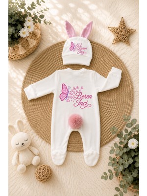 Perfect Mega Store Kişiye Özel Kız Bebek Tulum ve Bere – Pembe Kelebek Temalı Isimli Yenidoğan Bebek Tulumu