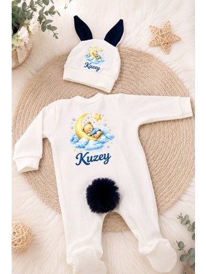 Perfect Mega Store Kişiye Özel Erkek Bebek Tulum ve Bere – Ay ve Yıldızlı Sevimli Ayıcık Tasarımlı Isme Özel Bebek Giyim