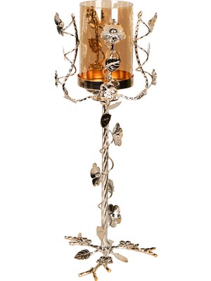 Herdekora Dekoratif Metal Şamdan Çiçek Desenli Cam Fanuslu Mumluk Gold 15X37 cm