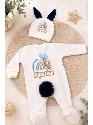 Perfect Mega Store Kişiye Özel Erkek Bebek Tulum ve Bere – Gökkuşağı ve Ayıcık Temalı Isme Özel Bebek Giyim
