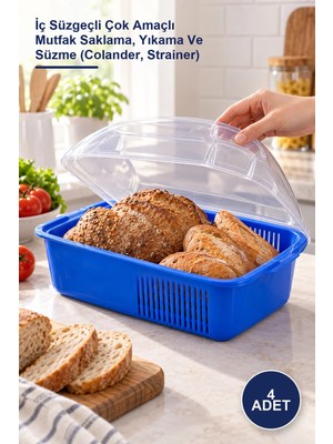 Yenilig 4 Adet Kapaklı Süzgeç ve Saklama Kabı – Iç Süzgeçli Çok Amaçlı Mutfak Saklama, Yıkama ve Süzme (Colander, Strainer)