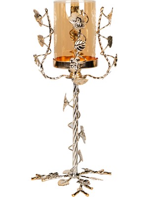 Herdekora Dekoratif Metal Şamdan Çiçek Desenli Cam Fanuslu Mumluk Gold 15X33 cm