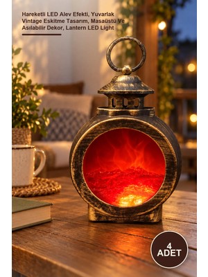 Yenilig 4 Adet LED Işıklı Alev Efektli Dekoratif Şömine Fener – Hareketli LED Alev Efekti, Yuvarlak Vintage Eskitme Tasarım, Masaüstü ve Asılabilir Dekor, Lantern LED Light
