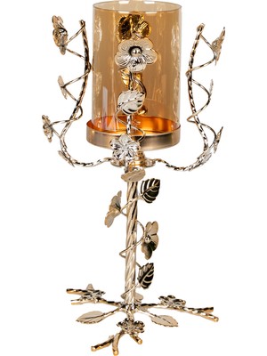 Herdekora Dekoratif Metal Şamdan Çiçek Desenli Cam Fanuslu Mumluk Gold 15X27 cm