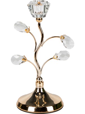 Herdekora Dekoratif Metal Şamdan Çiçek Tasarımlı Kristal Taşlı Gold 11X24 Cm.