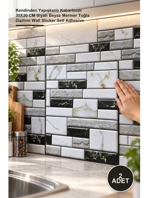 Yenilig 2 Adet 3D Mermer Görünümlü Duvar Paneli – Kendinden Yapışkanlı Kabartmalı 30X30 cm Siyah Beyaz Mermer Tuğla Dizilimi Wall Sticker Self Adhesive