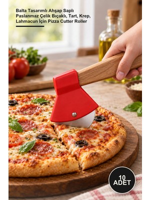 Yenilig 10 Adet Pizza Kesici – Balta Tasarımlı Ahşap Saplı Paslanmaz Çelik Bıçaklı, Tart, Krep, Lahmacun Için Pizza Cutter Roller