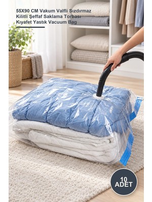 Yenilig 10 Adet Vakumlu Hurç Poşet – 55X90 cm Vakum Valfli Sızdırmaz Kilitli Şeffaf Saklama Torbası Kıyafet Yastık Vacuum Bag