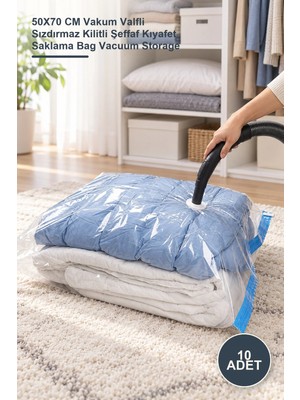 Yenilig 10 Adet Vakumlu Hurç Poşet – 50X70 cm Vakum Valfli Sızdırmaz Kilitli Şeffaf Kıyafet Saklama Bag Vacuum Storage