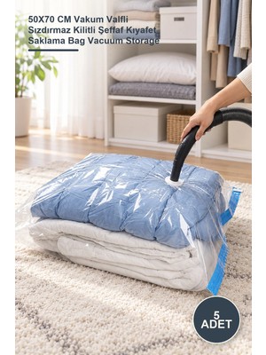 Yenilig 5 Adet Vakumlu Hurç Poşet – 50X70 cm Vakum Valfli Sızdırmaz Kilitli Şeffaf Kıyafet Saklama Bag Vacuum Storage