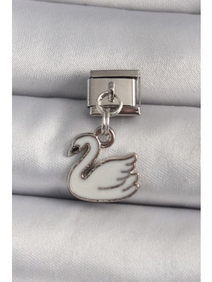 Birsence 316L Çelik Gümüş Renk Sallantı Beyaz Kuğu Model Nomination Charm