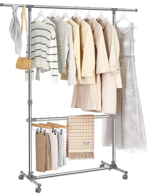 Store Elbise Askısı Yüksekliği Ayarlanabilir, Elbise Standı, Uzatılabilir Elbise Askısı, Orta Kısımda Ekstra Çubuk, (101-166) x 49 x (113-198) Cm, Gümüş/gri-Yeşil, LLR401
