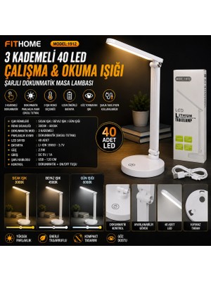 Store 3 Kademeli 40 LED Çalışma Okuma Işığı Şarjlı Dokunmatik Çalışma Masa Lambası