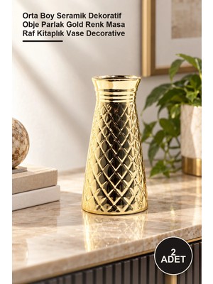Yenilig 2 Adet Kare Desenli Vazo Biblo – Orta Boy Seramik Dekoratif Obje Parlak Gold Renk Masa Raf Kitaplık Vase Decorative