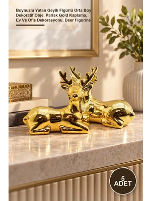 Yenilig 5 Adet Seramik Biblo – Boynuzlu Yatan Geyik Figürlü Orta Boy Dekoratif Obje, Parlak Gold Kaplama, Ev ve Ofis Dekorasyonu, Deer Figurine