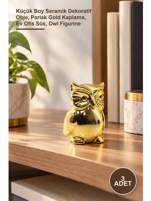 Yenilig 3 Adet Baykuş Biblo – Küçük Boy Seramik Dekoratif Obje, Parlak Gold Kaplama, Ev Ofis Süs, Owl Figurine