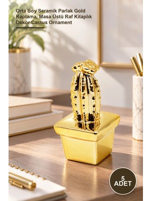 Yenilig 5 Adet Kaktüs Tasarımlı Dekoratif Obje – Orta Boy Seramik Parlak Gold Kaplama, Masa Üstü Raf Kitaplık Dekor Cactus Ornament