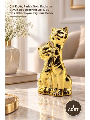 Yenilig 1 Adet Seramik Kedi Biblo – Çift Figür, Parlak Gold Kaplama, Büyük Boy Dekoratif Obje, Ev Ofis Dekorasyon, Figurine Decor