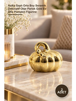 Yenilig 2 Adet Balkabağı Tasarımlı Biblo – Halka Saplı Orta Boy Seramik Dekoratif Obje Parlak Gold Ev Ofis Pumpkin Figurine