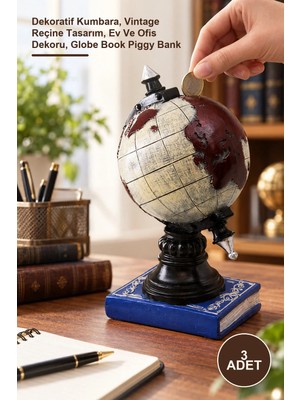 Yenilig 3 Adet Dünya ve Kitap Tasarımlı Biblo – Dekoratif Kumbara, Vintage Reçine Tasarım, Ev ve Ofis Dekoru, Globe Book Piggy Bank