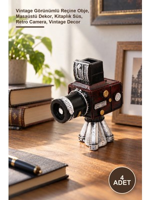 Yenilig 4 Adet Antika Kamera Tasarımlı Dekoratif Biblo – Vintage Görünümlü Reçine Obje, Masaüstü Dekor, Kitaplık Süs, Retro Camera, Vintage Decor