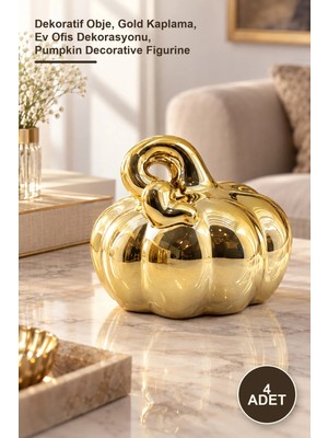 Yenilig 4 Adet Balkabağı Formlu Halka Saplı Büyük Boy Seramik Biblo – Dekoratif Obje, Gold Kaplama, Ev Ofis Dekorasyonu, Pumpkin Decorative Figurine