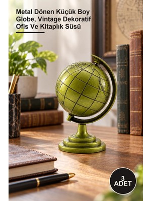 Yenilig 3 Adet Yeşil Eskitme Dünya Biblosu – Metal Dönen Küçük Boy Globe, Vintage Dekoratif Ofis ve Kitaplık Süsü