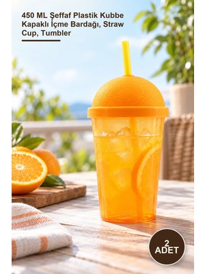 Yenilig 2 Adet Pipetli Bardak – 450 ml Şeffaf Plastik Kubbe Kapaklı Içme Bardağı, Straw Cup, Tumbler