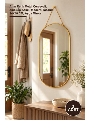 Yenilig 2 Adet Dekoratif Duvar Aynası – Altın Renk Metal Çerçeveli, Zincir/ip Askılı, Modern Tasarım, 24X40 Cm, Ayna Mirror
