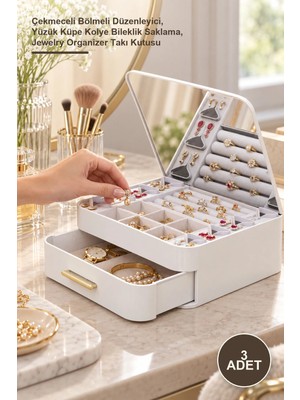 Yenilig 3 Adet Aynalı Takı Organizeri – Çekmeceli Bölmeli Düzenleyici, Yüzük Küpe Kolye Bileklik Saklama, Jewelry Organizer Takı Kutusu