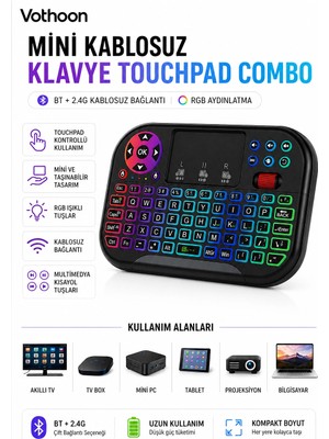 Yararlı Şeyler Rgb Işıklı Mini Kablosuz Klavye Touchpad Combo, Bluetooth ve 2.4g Smart Tv Kuman