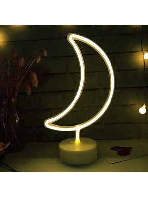 Store Dekoratif Pilli Ay Tasarımlı 3D Neon LED Masa ve Gece Lambası