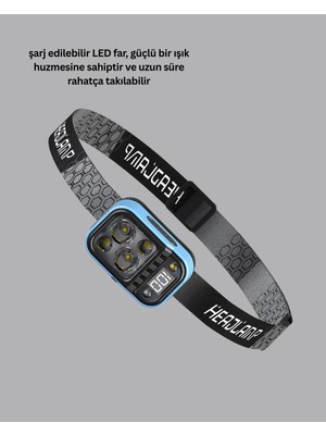 Store Üç Renkli LED Kafa Feneri 53 Mod Güç Göstergeli Type C Şarjlı