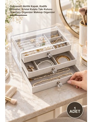 Yenilig 1 Adet Üç Katlı Takı Organizeri – Çekmeceli Akrilik Kapak, Kadife Bölmeler, Kristal Kulplu Takı Kutusu Jewellery Organizer Makeup Organizer